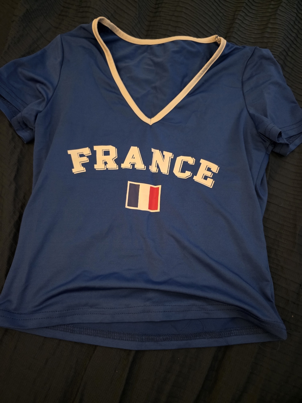 SHEIN Blue V-Neck Crop Top with France Graphic